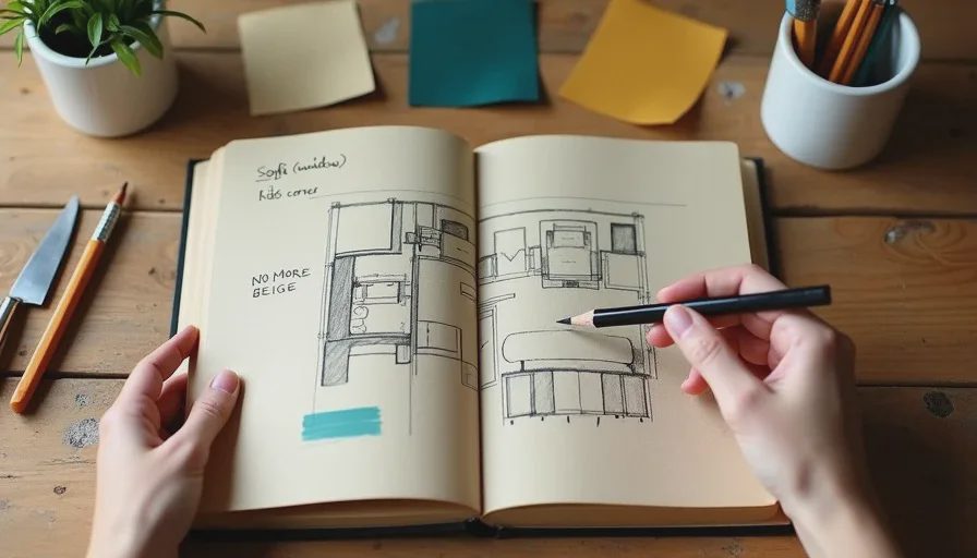Planning a room palette with the primary-support-accent rule Naomi's hands sketching room layout ideas in a kraft notebook, with paint swatches in deep teal, cream, and mustard spread on a reclaimed wood table, a cup of coffee nearby.