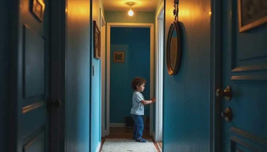 The hallway that absorbed all light – dark paint in a windowless space A narrow windowless hallway painted in an overly dark navy that reads as black at the far end, a round brass mirror hanging in shadow, a young child's silhouette peeking from a doorframe.