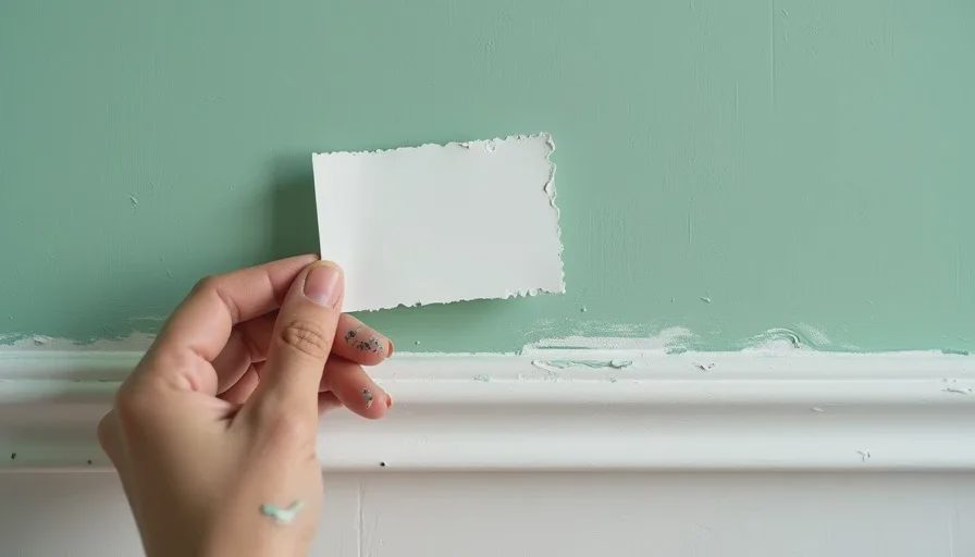 The white that wasn't white – undertone betrayal in action Close-up of a wall painted a cool minty white that reads as green against the true white baseboard, with a hand holding a pure white paint swatch for comparison revealing the undertone mistake.