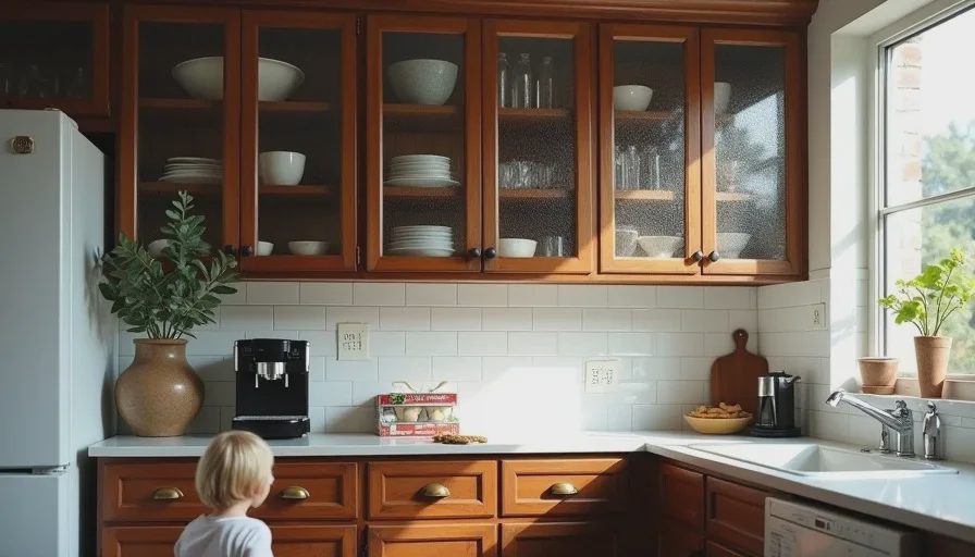 The better alternative to open shelving – cabinets that hide the dust A vintage wooden kitchen cabinet with textured glass upper doors concealing dishes, brass handles with natural patina, and a child's hand reaching for the lower cabinet door.