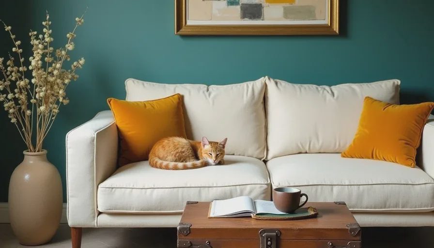 A living room corner with deep teal walls, a cream linen sofa with mustard yellow velvet cushions, a ginger cat sleeping on the armrest, and a thrifted wooden trunk as a coffee table.