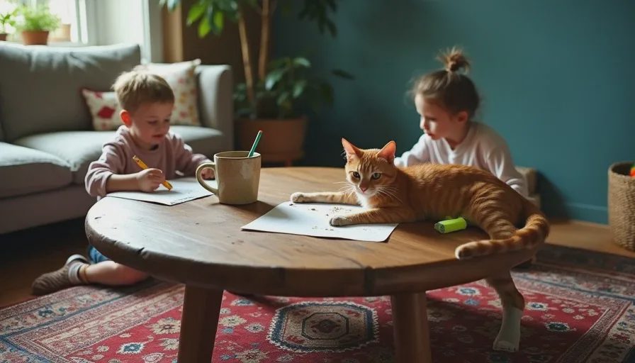 Furniture that survives kids – round edges, solid wood, zero glass A round solid wood coffee table with no sharp corners, covered in water rings, crayon marks, art sketches, a cold mug of coffee, and a ginger cat sleeping in the center.