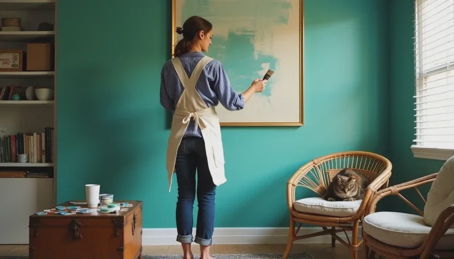 Good rooms are never finished – they're maintained Naomi Decker in her paint-splattered apron touching up a scratch on her deep teal living room wall with a brush, a can of paint labeled Fort Greene Teal in her hand, coffee and color swatches on the trunk table behind her.