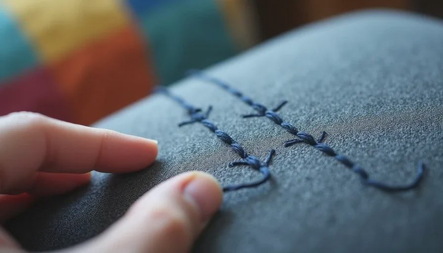 The cat-scratch repair that bought the sofa three more years Close-up of cat scratch marks on gray-blue sofa fabric, unevenly hand-stitched with dark blue thread, a sewing needle still tucked into the fabric, a paint-stained finger smoothing the repair.