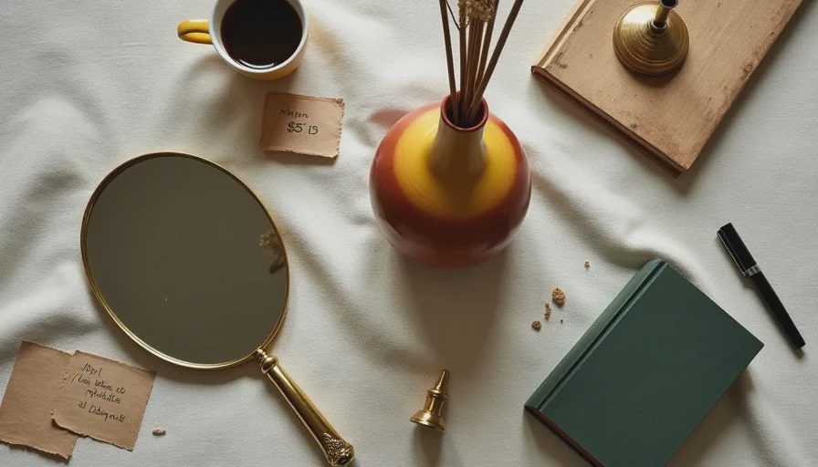 Morning haul from the Brooklyn Flea – $36 total A flat-lay of thrifted finds from the Brooklyn Flea — a brass mirror, a hand-thrown vase, two brass candlesticks, and a vintage book — each with a small handwritten price tag, arranged on a cream linen cloth.