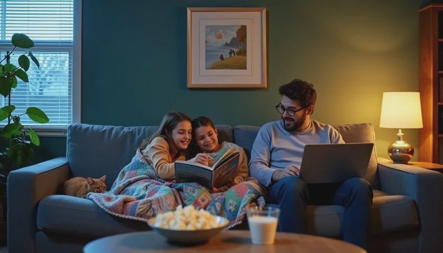 Five years later – the $75 sofa on a Tuesday evening Evening scene of twins Felix and Cleo sharing a picture book under a quilt on the gray-blue sofa, their father Marcus working on a laptop beside them, a ginger cat sleeping on the backrest, warm lamplight filling the room.