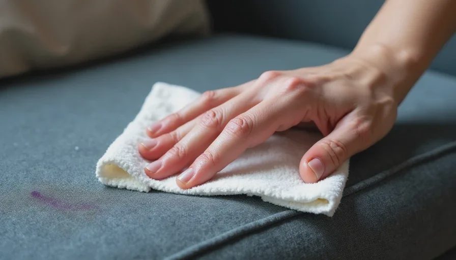 The fabric that survived grape juice – performance without the marketing Extreme close-up of a gray-blue cotton-linen sofa arm showing a faint purple grape juice stain, a bleached spot, and cat snags, with a hand wiping the surface with a damp cloth.