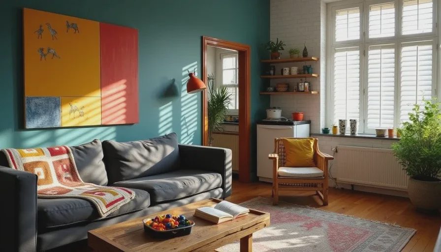 A real Fort Greene living room – thrifted, artistic, and lived-in by a family of four A sunlit Brooklyn apartment living room with secondhand furniture, a deep teal wall, kids' drawings taped beside a large abstract painting, a cat sleeping on a wicker chair, and afternoon light streaming through venetian blinds.