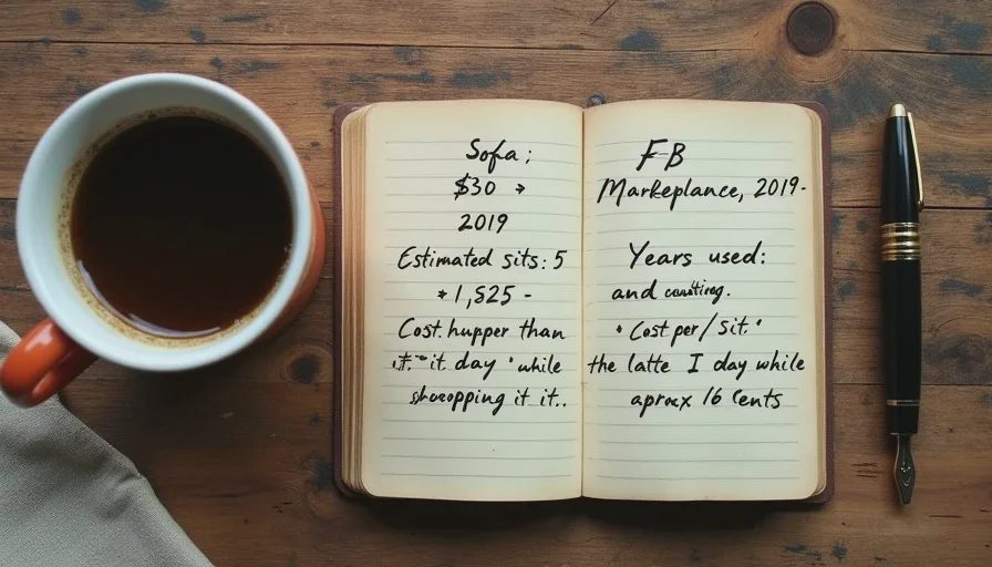 Real furniture math – $300 sofa, 16 cents per sit An open notebook showing a hand-written calculation: Sofa $300 from Facebook Marketplace, 5 years of use, cost per sit approximately 16 cents, with a note that it's still cheaper than the latte bought while shopping.