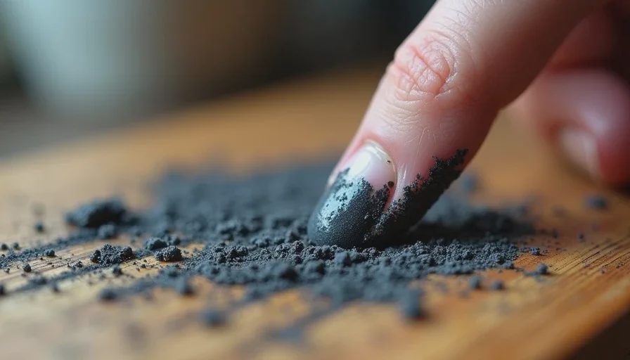 This is what open shelving looks like after one week of cooking Close-up of a finger swiping through a layer of greasy kitchen dust on an open wooden shelf, leaving a clean trail that reveals the original wood color underneath.