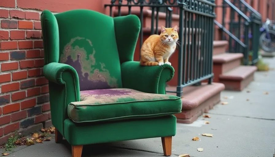 The velvet chair that didn't survive – abandoned at the curb A green velvet armchair discarded on a Brooklyn curb, covered in purple and brown stains, upholstery worn bald in patches, with a neighborhood cat sitting on the armrest claiming it.