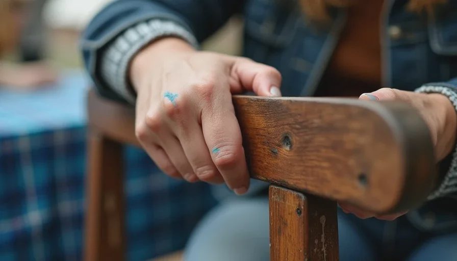 The knock test – how to tell solid wood from veneer Close-up of Naomi's paint-stained fingers knocking on the mortise-and-tenon joint of a vintage wooden chair at a Brooklyn flea market, testing for solid wood construction.