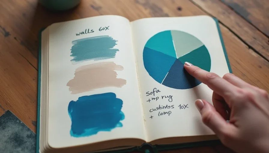 A hand pointing at a hand-drawn color wheel sketch in a notebook showing 60-30-10 proportions labeled walls, sofa plus rug, and cushions plus lamp, with corresponding paint swatches below.