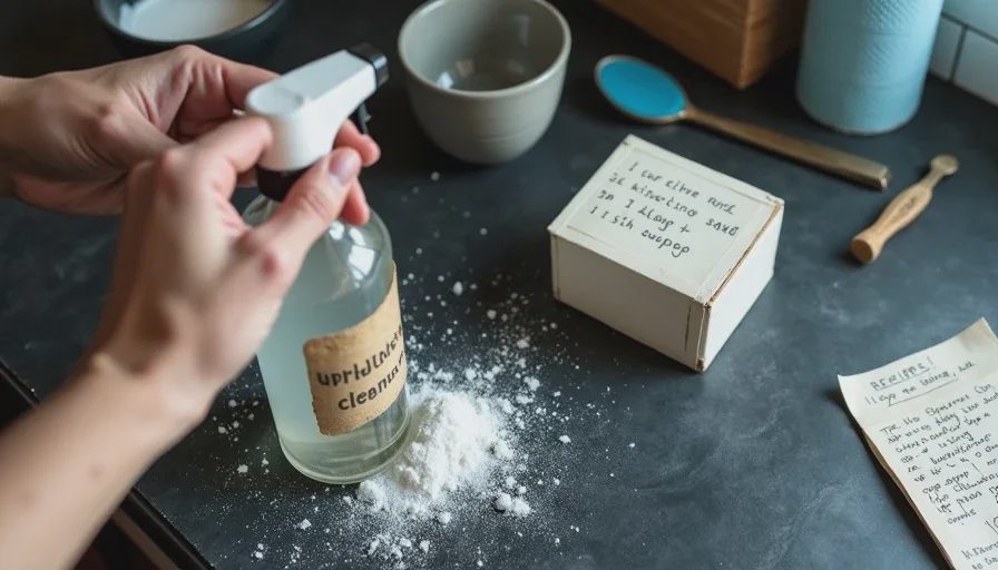 The $3 upholstery cleaner that actually works A top-down view of Naomi's paint-stained hands mixing white vinegar, baking soda, and dish soap in a glass spray bottle, with a handwritten recipe note beside the ingredients on a worn kitchen counter.
