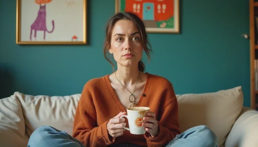 Drinking the metaphor – beige is the pumpkin spice latte of decor Naomi Decker sitting cross-legged on her cream sofa against a deep teal wall, holding a pumpkin spice latte with an expression that says she has opinions, wearing a worn brick-red sweater.