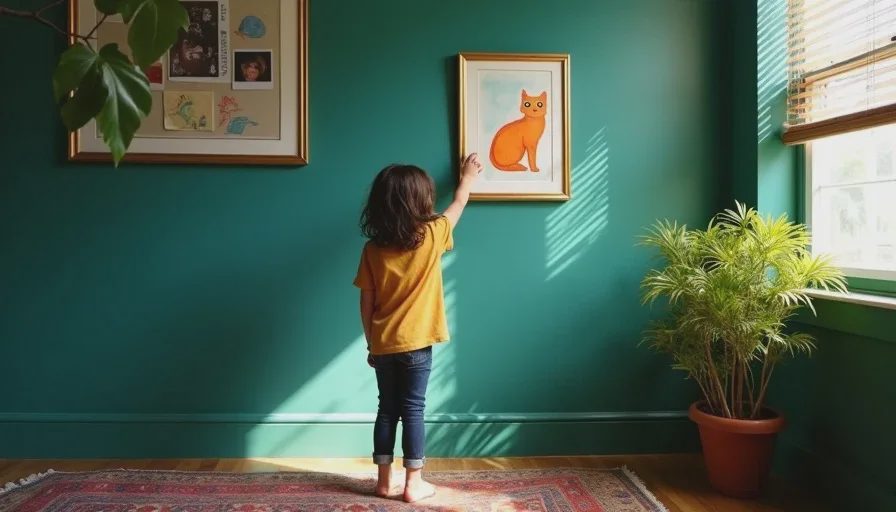 What a colored wall actually holds – real life, not a catalog An eight-year-old girl with messy brown hair stands on tiptoe pointing at her framed watercolor of an orange cat, hung on a deep teal wall alongside children's drawings and a library card.