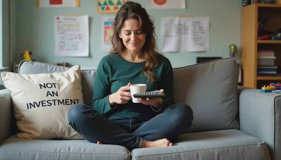 Calculating the real cost per sit of a family sofa Naomi sitting cross-legged on her gray sofa holding a calculator and a coffee mug, looking amused but unimpressed, with the embroidered "Not an investment." cushion behind her.