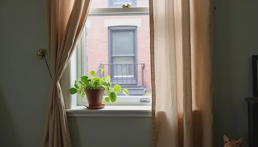 Curtains that stay up – real hardware, real window, real cat Oatmeal cotton curtains hanging from a vintage brass rod screwed securely into the wall, filtering afternoon light through a Brooklyn window with a fire escape view, a ginger cat peeking out from behind the hem.