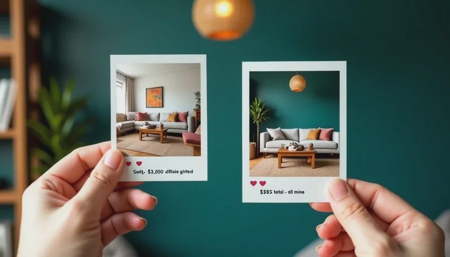 Instagram budget vs. real life budget – sponsored vs. thrifted Two hands holding up contrasting images side by side — an Instagram screenshot showing a beige room with sponsored prices in the thousands, and a Polaroid of Naomi's real thrifted living room with $485 total written on it.