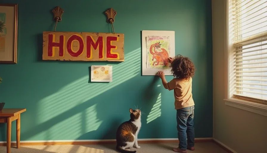 Real walls don't say GATHER – they gather real things A boy with messy brown hair standing on tiptoe to tape his dinosaur drawing to a deep teal wall already covered with kids' art, a handwritten HOME sign, and a library certificate, a ginger cat watching below.