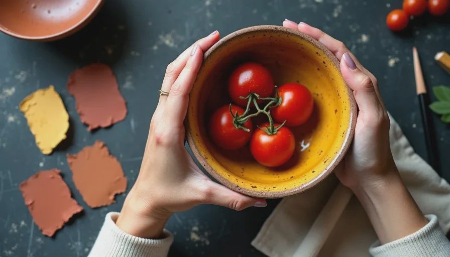  A hand-thrown ceramic bowl with a mustard-to-rust glaze held in paint-stained hands, three color swatches pulled from its surface arranged beside it on a worn kitchen counter.