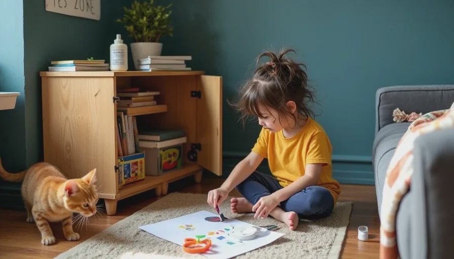 Cleo sitting cross-legged on a small rug in her designated Yes Zone, surrounded by watercolor paints, scissors, and paper clippings, an open cabinet beside her labeled YES ZONE in hand-lettering, a ginger cat halfway inside a shoebox treasure chest.