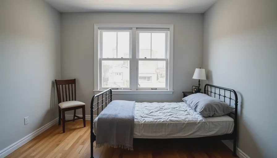 The same Brooklyn bedroom two years ago with cold grey-white walls, a bare metal bed frame with mismatched bedding, cheap plastic blinds, a kitchen chair as a nightstand, and no rug or art.
