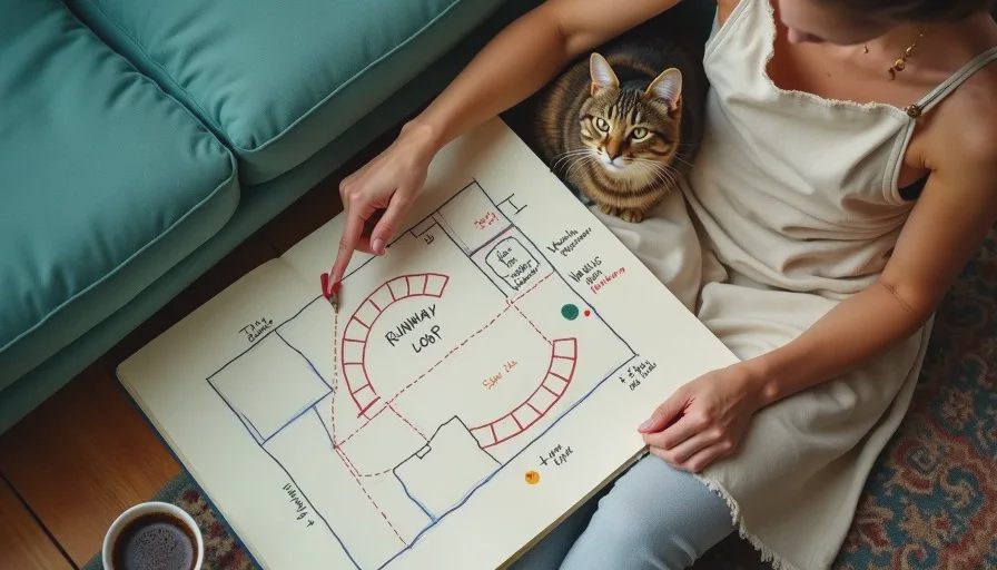 Naomi sitting on the floor showing a hand-drawn living room floor plan in a sketchbook, with a red dashed loop marking the kid runway around a round coffee table, furniture labeled in colored pencil, and arrows showing Felix and Cleo's running paths.