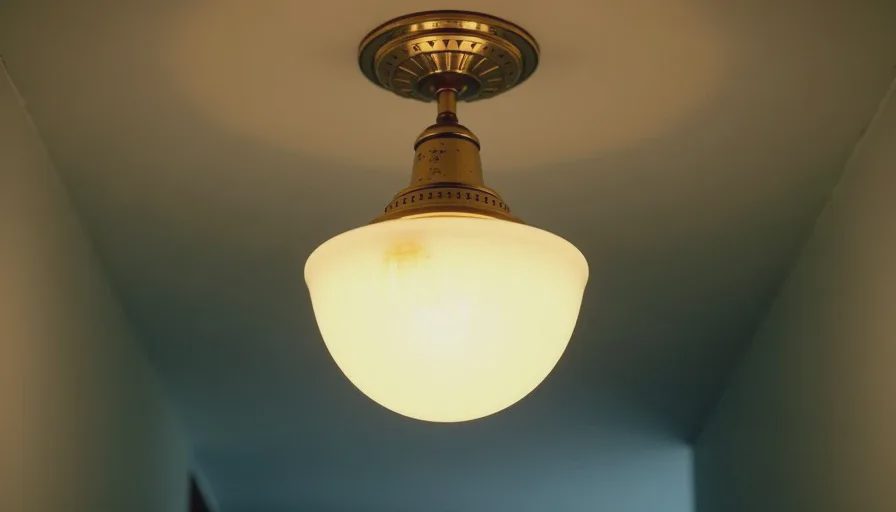 The $35 vintage light that changed the entire hallway An upward view of a 1920s schoolhouse ceiling light with a warm Edison bulb glowing inside a rippled milk-glass shade held by an aged brass fixture, casting a soft golden circle of light on the grey-green ceiling.