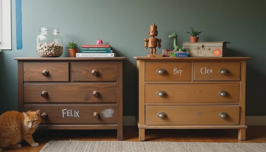 Two mismatched vintage wooden dressers pushed together as storage and display space in a kids' room, covered with seashells, a wooden robot missing a hand, Lego creations, a plastic dinosaur, and a ginger cat paw reaching in from the edge.