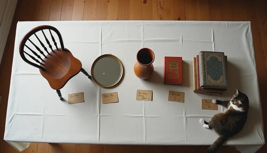 Five things always worth buying secondhand – and what I paid A flat lay of five recommended secondhand buys — a solid wood chair, brass round mirror, hand-thrown ceramic vase, vintage hardcover books, and folded Persian wool rug — each with a handwritten price card, on a cream linen tablecloth.