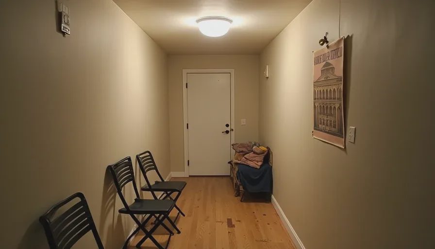 The hallway before – the tunnel where backpacks went to die The same Brooklyn hallway seven months earlier with cold beige walls, a harsh white plastic ceiling light, a faded movie poster hanging from a Command Hook, a pile of laundry, and a child's rain boot on the bare wood floor.