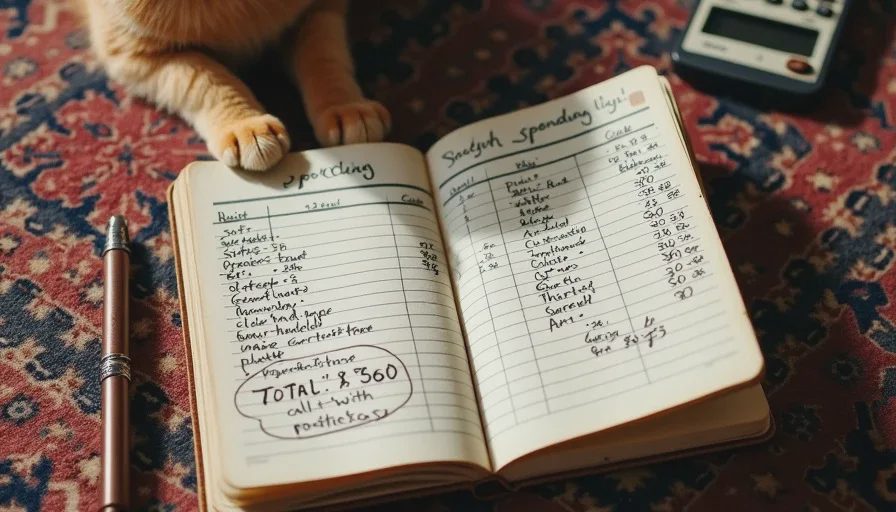 The real spending log – every item, every price, no omissions A close-up of Naomi's open ledger notebook showing a hand-written living room spending log — sofa $75, rug $80, paint $85, coffee table $30 — with a total circled at the bottom, a calculator showing 485, and a ginger cat paw reaching into frame.