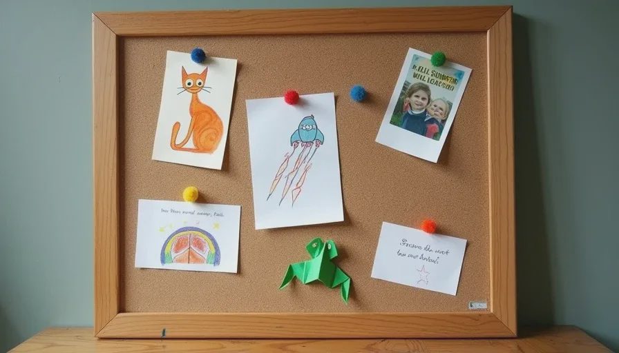 A cork board covered with children's artwork — a watercolor cat, a pencil rocket ship drawing, a leaf rubbing, a Polaroid photo, library certificates, and a sticky note reading FELIX DO NOT TOUCH MY MARKERS.