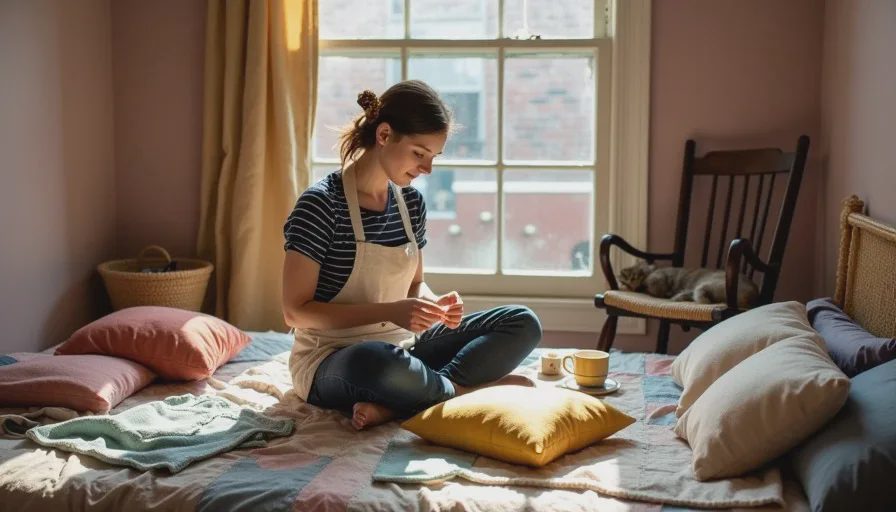  Naomi Decker sitting cross-legged on her bed hand-sewing a mustard linen cushion cover, surrounded by finished pillows made from thrifted fabrics, an old wicker sewing box beside her, morning light and a ginger cat in the background.