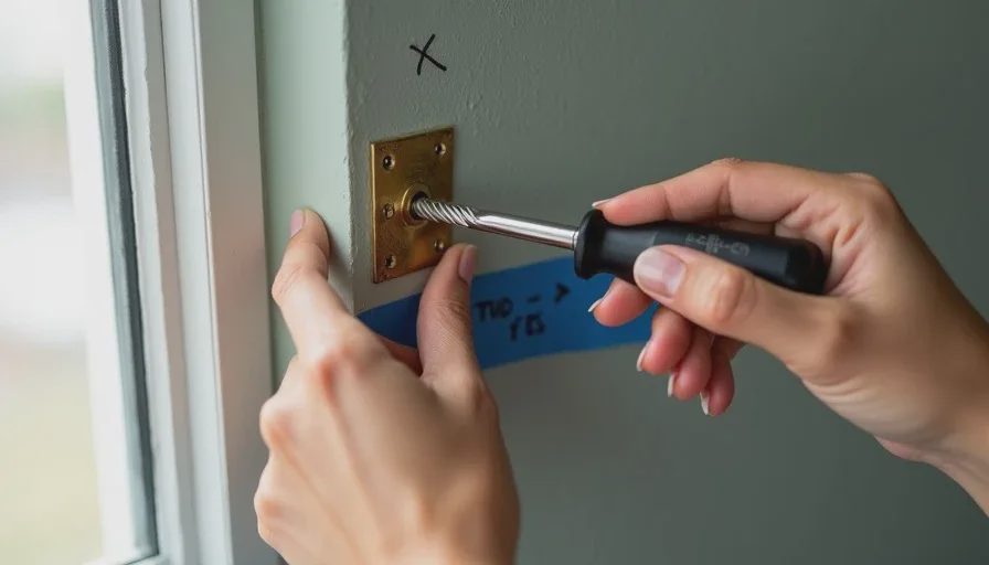 How to hang real curtain rods in a rental – find the stud, use a screw Close-up of Naomi's paint-stained hands screwing a vintage brass curtain rod bracket into a wall with a manual screwdriver, a small pencil mark and masking tape labeled STUD – YES visible beside the bracket on the grey-green wall.