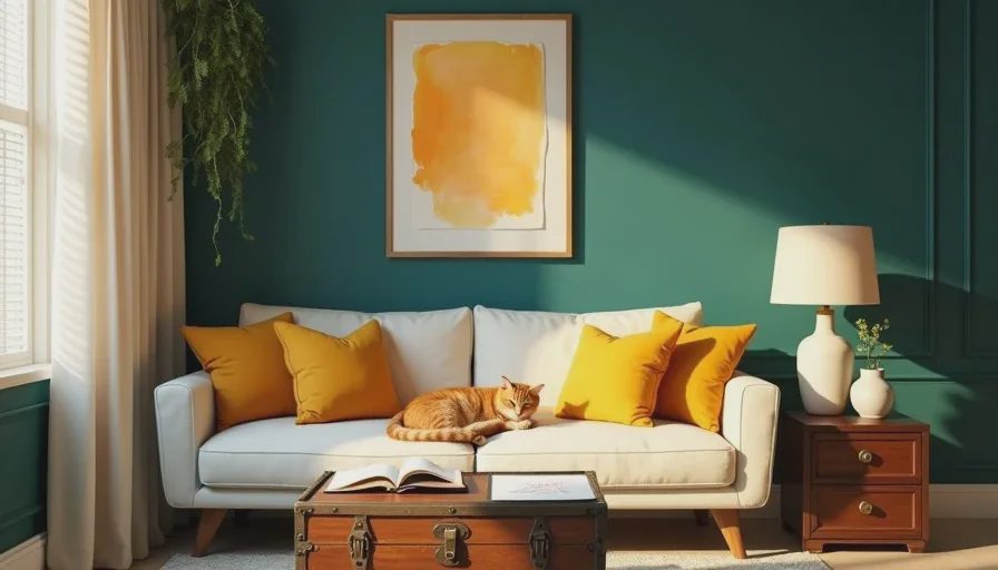 A living room corner where the color palette was built from a child's watercolor painting of an orange cat — deep teal walls, cream sofa, mustard cushions, and the actual ginger cat sleeping on the armrest matching the palette perfectly.