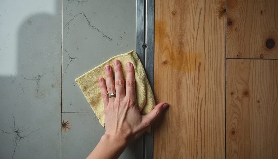 Vinyl vs. wood – how each floor handles a kid's spill A top-down comparison of grey vinyl flooring reflecting a puddle of spilled apple juice on the left, and worn oak wood flooring absorbing the same spill into a faint watermark on the right.
