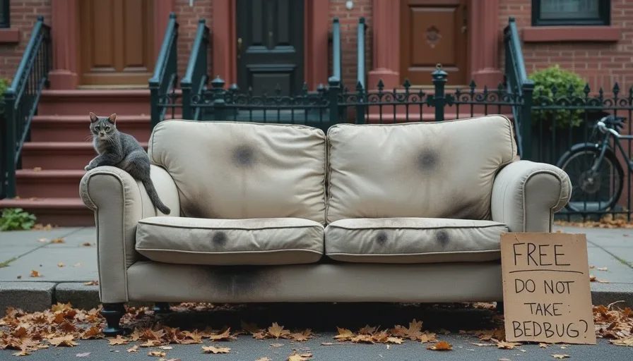 The "free" couch that costs $3,000 – what not to thrift An upholstered sofa abandoned on a Brooklyn curb with a cardboard sign reading FREE crossed out and DO NOT TAKE. BEDBUGS. written underneath, a stray cat sitting on the backrest unaware of the warning.