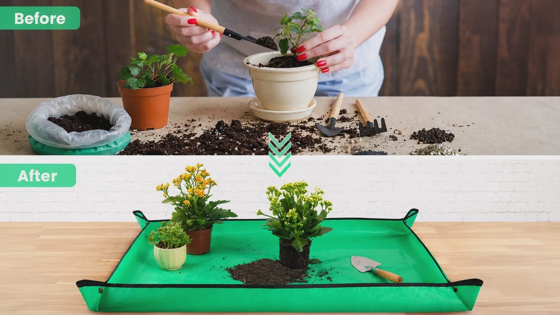 Before and after comparison: messy soil on table without mat vs clean contained soil on Onlysuki waterproof repotting mat