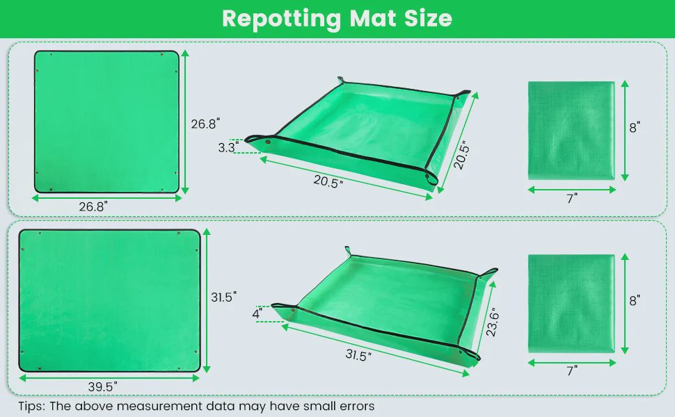 Onlysuki repotting mat size comparison chart showing small 26.8 inch and large 39.5 inch flat, snapped and folded dimensions