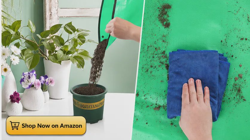 Easy cleanup of Onlysuki repotting mat: pouring leftover soil back into pot and wiping waterproof surface with cloth