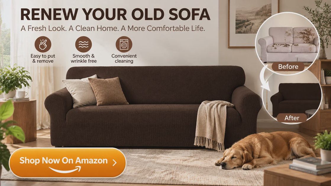 Old Sofa Renewed with U-NICE HOME Stretch Couch Cover Before and after of an old sofa covered with the U-NICE HOME stretch couch cover