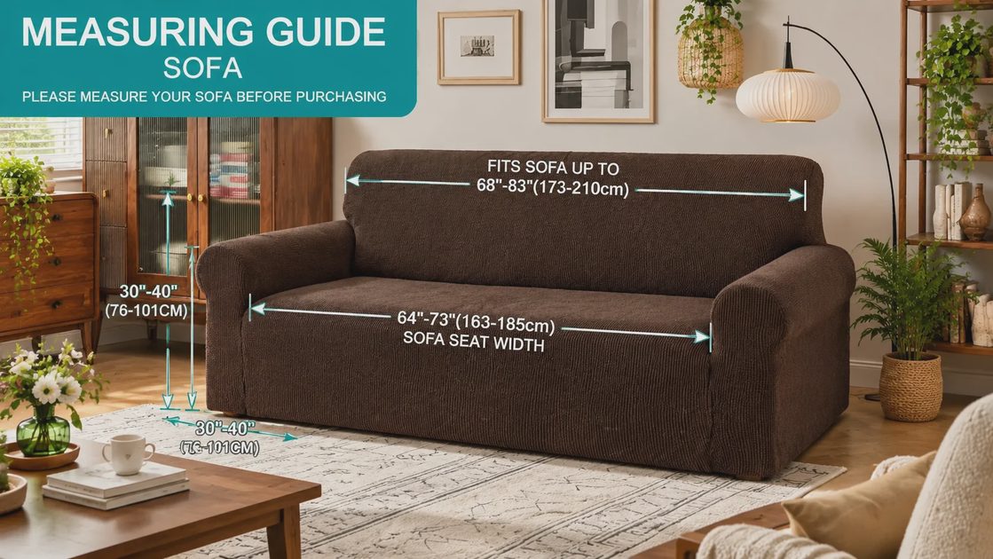 How to Measure Your Sofa for the U-NICE HOME Stretch Couch Cover Sofa measuring guide showing length and seat width ranges for choosing the right cover size