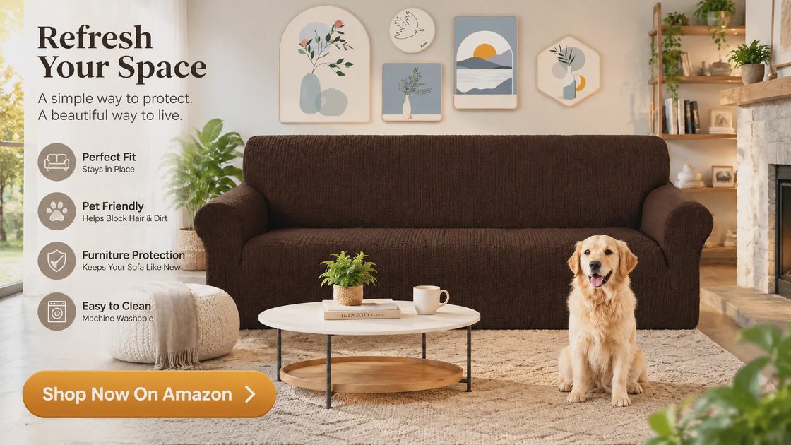 U-NICE HOME Stretch Couch Cover on a Family Sofa Chocolate stretch couch cover fitted on a three-cushion sofa in a cozy living room