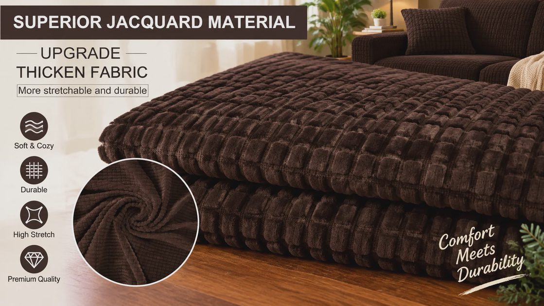 U-NICE HOME Stretch Couch Cover Fabric Detail in Chocolate Close-up of the chocolate jacquard stretch fabric of the U-NICE HOME couch cover