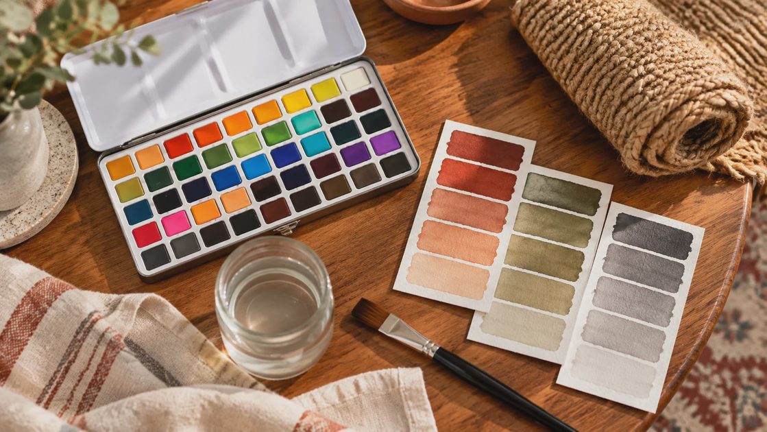 Grabie watercolor tin with swatch sheet and detail brushes for planning a paint color palette