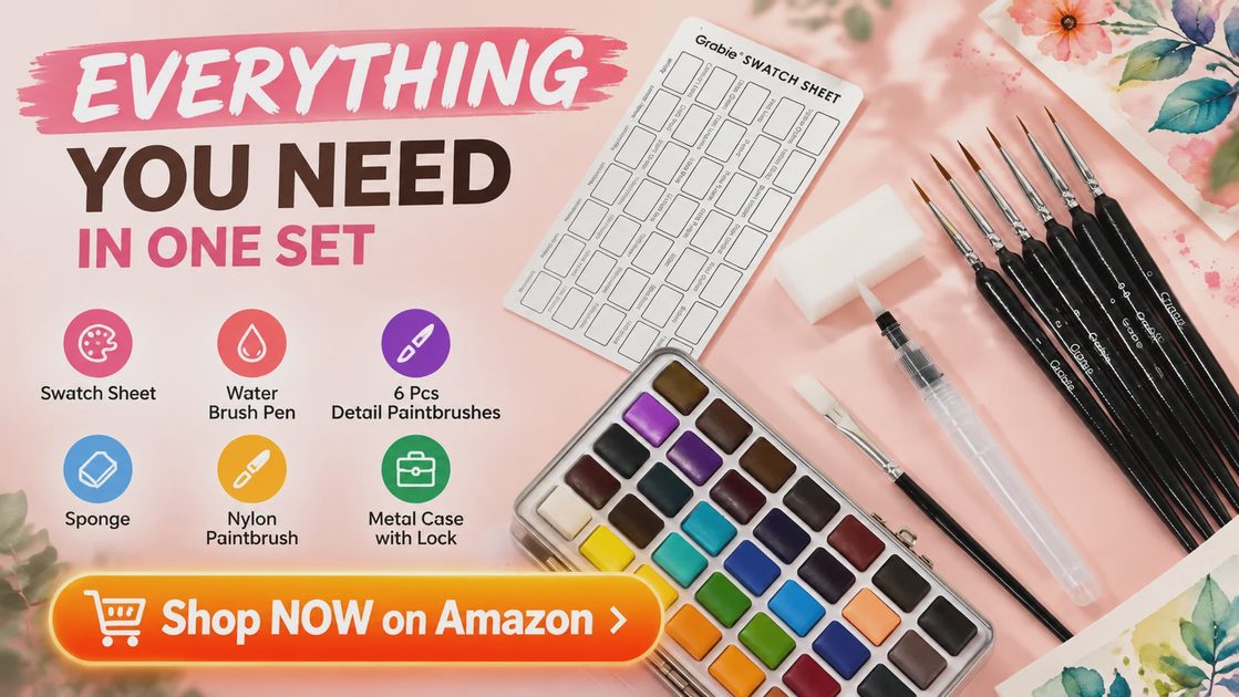 Check the Grabie 50 Color Watercolor Paint Set price on Amazon, with swatch sheet, brushes and metal case