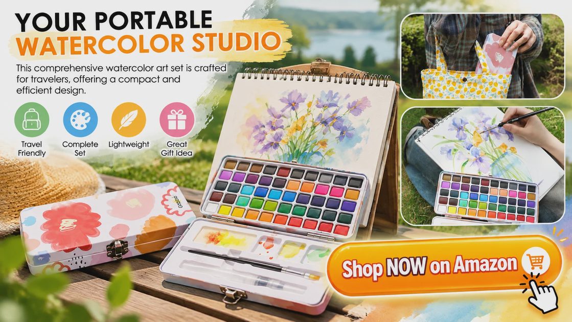 See the Grabie 50 Color Watercolor Paint Set on Amazon, a portable watercolor tin for planning paint colors