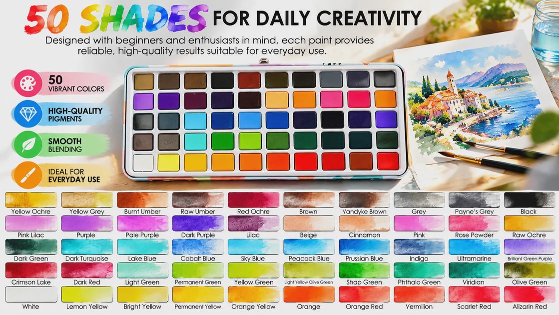 Grabie 50 color watercolor paint set chart with all 50 color names
